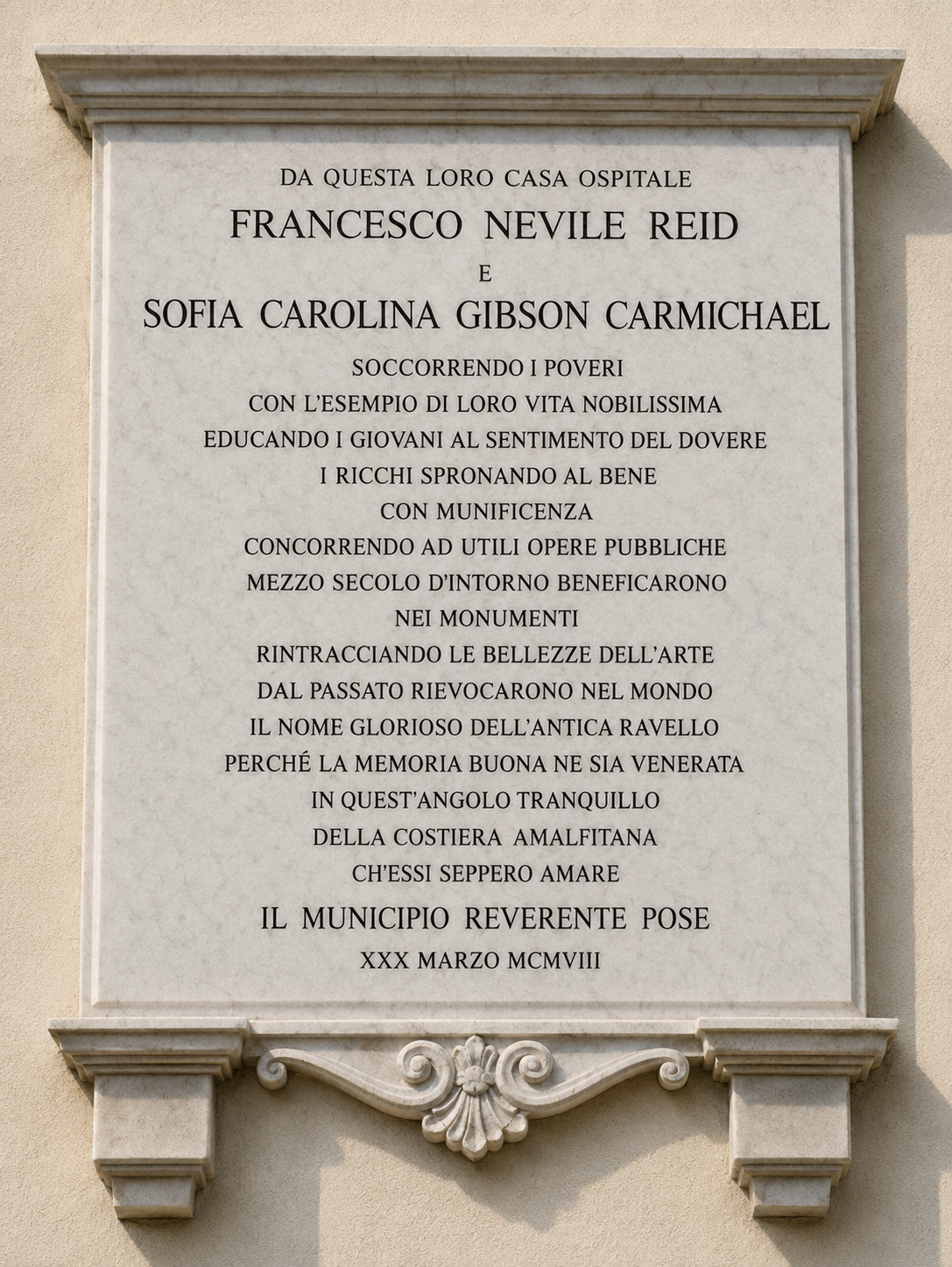 Villa Ruffolo – Lapide Francis Nevile Reid e Sofia Carolina Gibson Carmichael