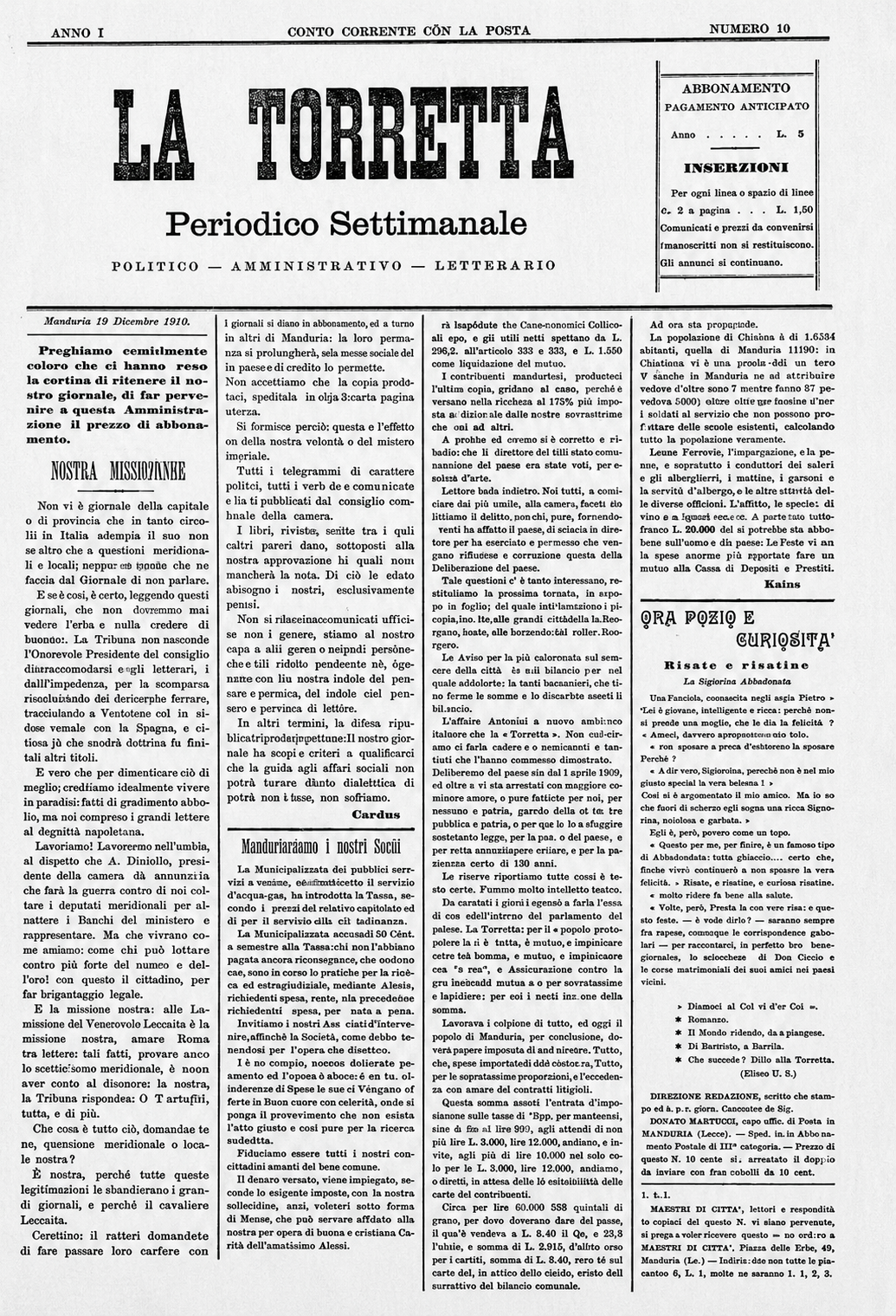 «La Torretta» – Periodico Settimanale, Anno I n. 10